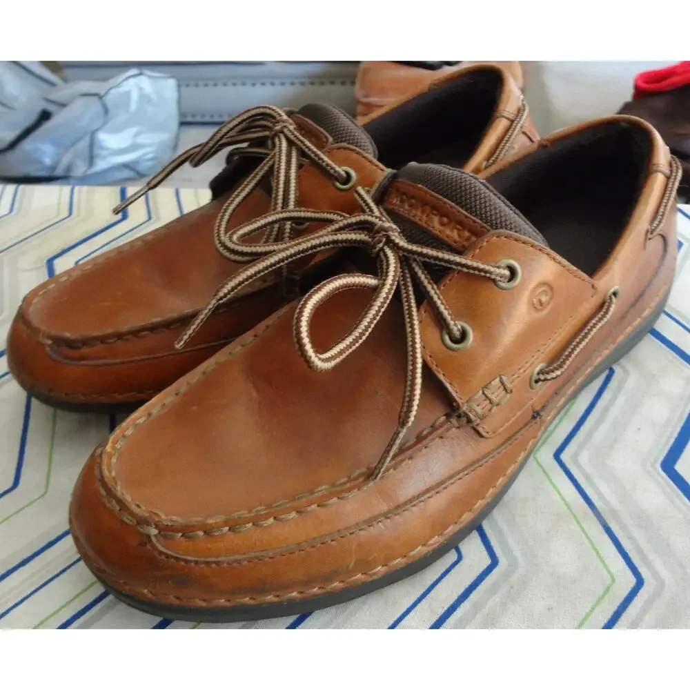 Vintage 90s Y2K Rockport Walkability Brown Leather Loafer Boat Mens 8.5 Moc Deck